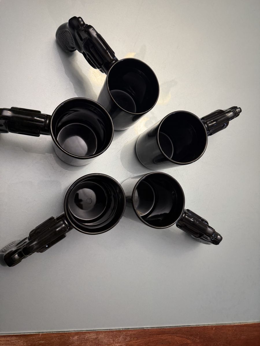 Set of 5 Black Revolver Gun Handle Coffee Mugs Unique Novelty Ceramic Cups