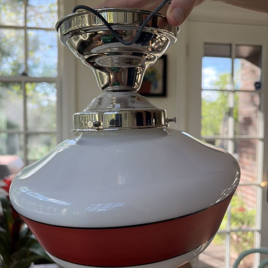 Red striped schoolhouse light by  rejuvenation circa 2007 12’