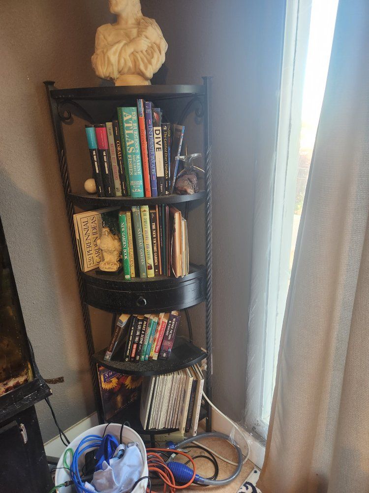 Stylish Black Metal 5-Tier Corner Bookshelf with Small Center Drawer