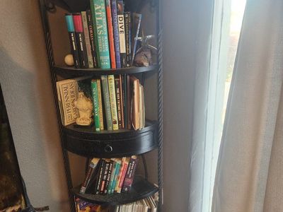 Stylish Black Metal 5-Tier Corner Bookshelf with Small Center Drawer