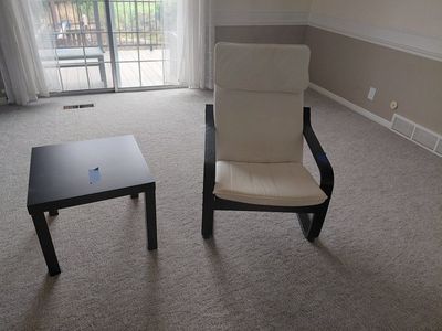 IKEA Poang Armchair & Side Table Set - Black Frame, Beige Cushion, Living Room Furniture