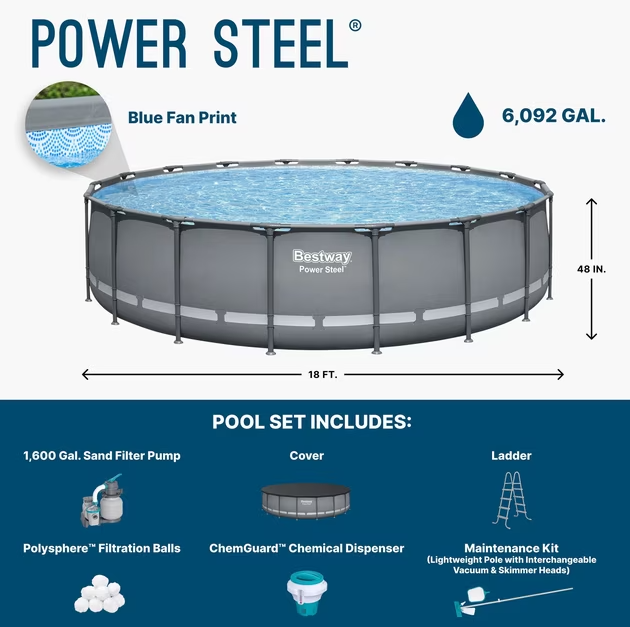 New! Pool, Bestway Power Steel 18’ x 48” Round Above Ground Pool Set