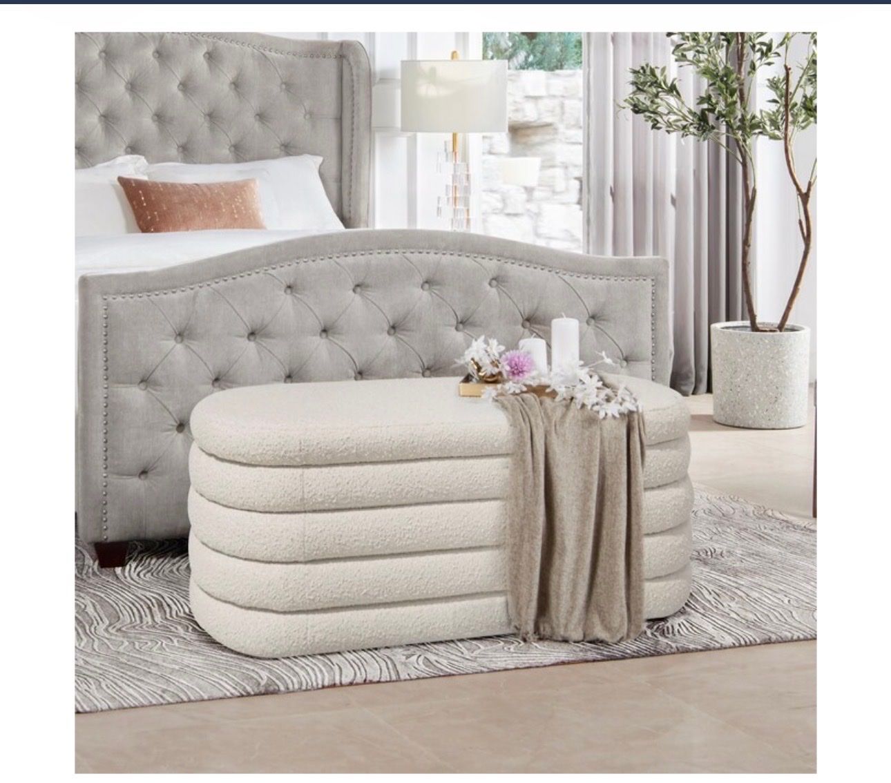 Brand new Cream Boucle Storage Bench Ottoman - Modern, Textured, and Functional Entryway/Bedroom Seating
