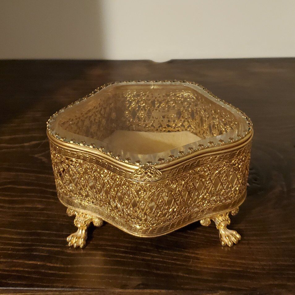 Vintage Gold Filigree & Beveled Glass Vanity Box