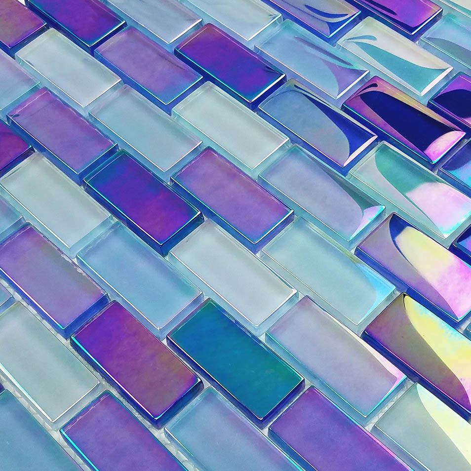 12 Sheets: Premium Crystal Iridescent Bright Blue Blend Glass Tile (1" x 2") 