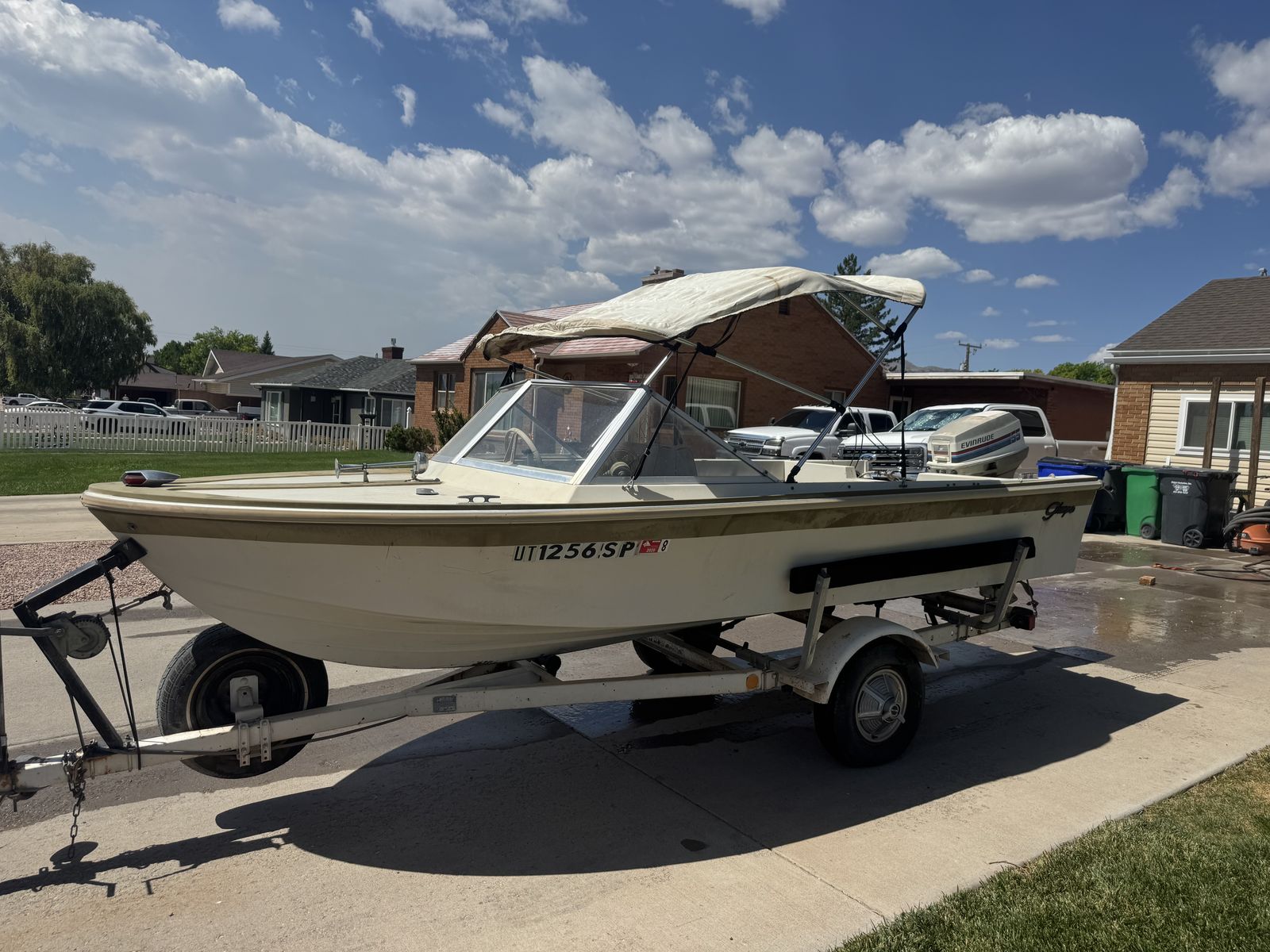 Vintage Glaspar Runabout Boat with 55 HP Evinrude Outboard Engine and Trailer