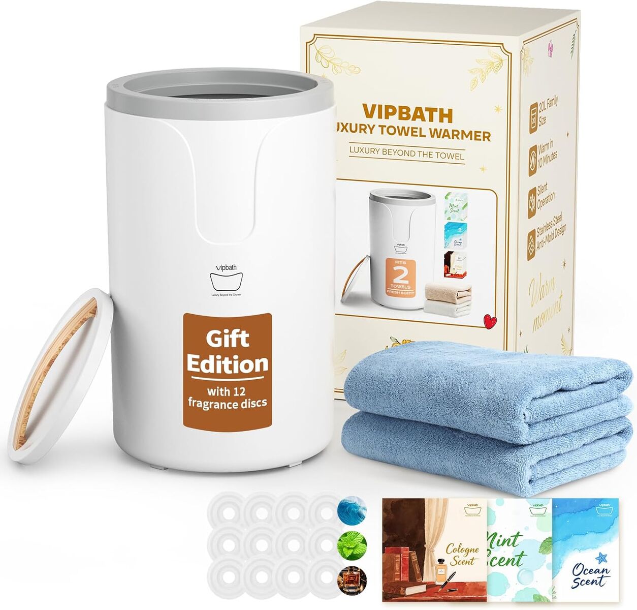 NEW 20L Luxury Towel Warmer Gift-Ready Box, Dual Heat, 30/60/90 Min Presets, Stainless Steel Interior, Tip-Over Auto Shut-Off