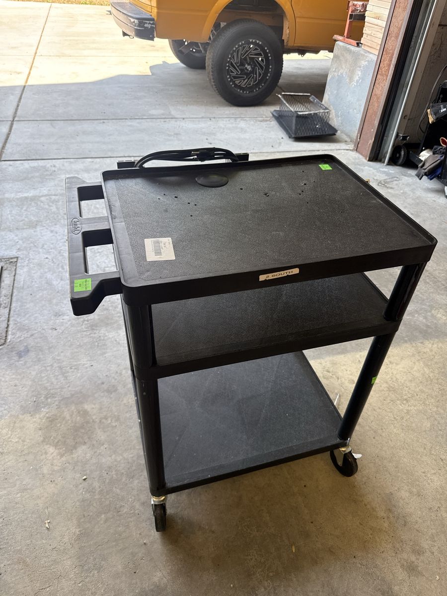 Buhl 3-Shelf Rolling Utility AV Cart with Built-In Power Strip and Extension Cord