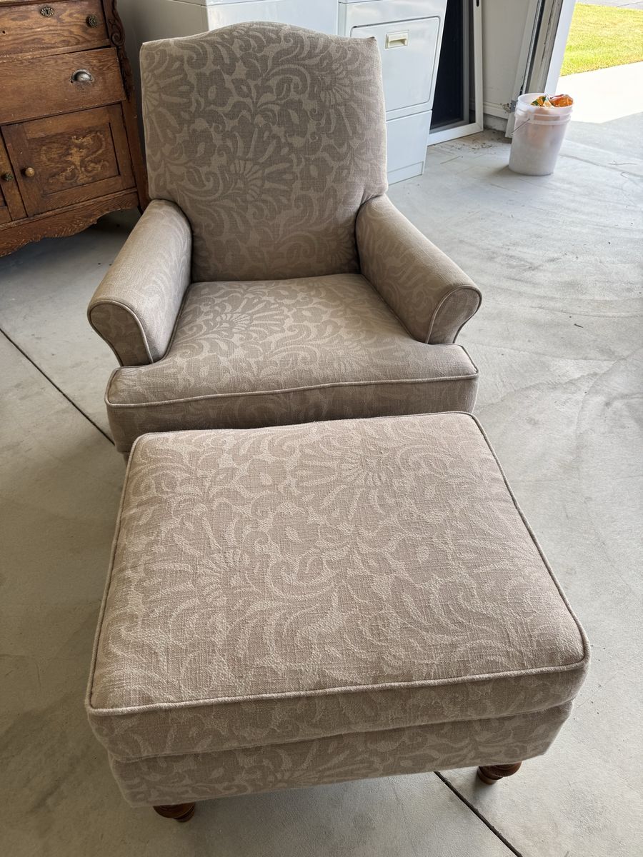 Upholstered Armchair and Matching Ottoman Set in Beige Floral Jacquard