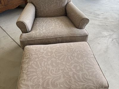 Upholstered Armchair and Matching Ottoman Set in Beige Floral Jacquard