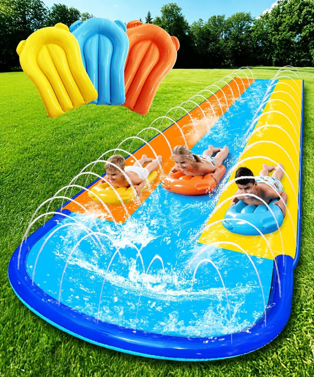 NEW Triple Water Slide with 3 Bodyboards, 16ft x 82in Extra Long Wide 3-Lane Slip and Slide, Thickened PVC