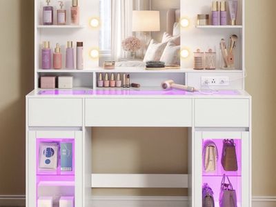 Vanity makeup desk.. Built-in lights, power strip, glass accents!! (New in box!)