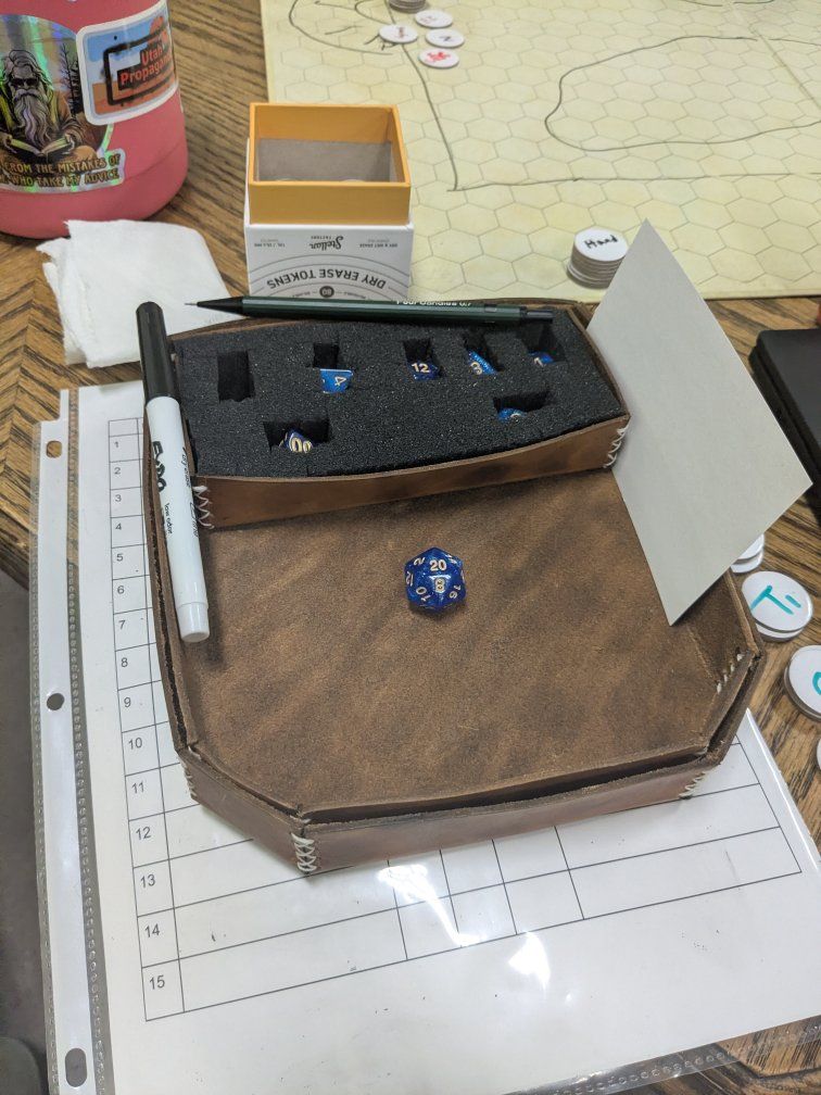 Handmade Leather Dice Tray & Storage Box with Blue D&D Dice Set - RPG Gaming Accessory
