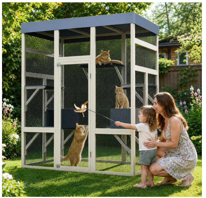 70" Large Outdoor Catio Cat Enclosure, Wood Cat Patio with Waterproof UV-Resistant Roof