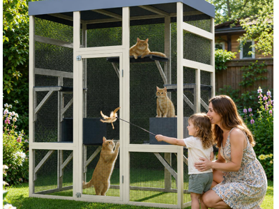 70" Large Outdoor Catio Cat Enclosure, Wood Cat Patio with Waterproof UV-Resistant Roof