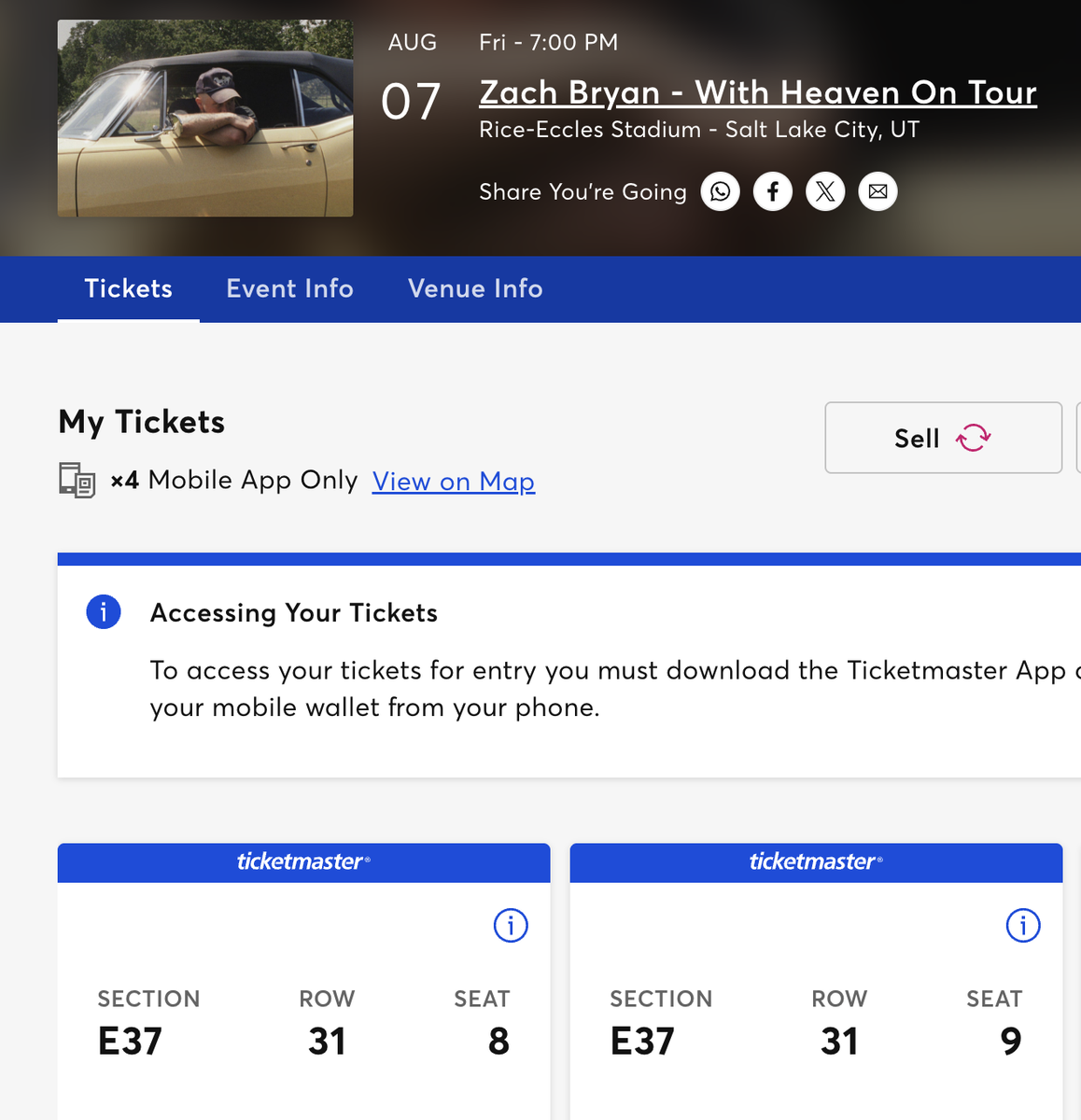 2 Zach Bryan Tickets - August 7th