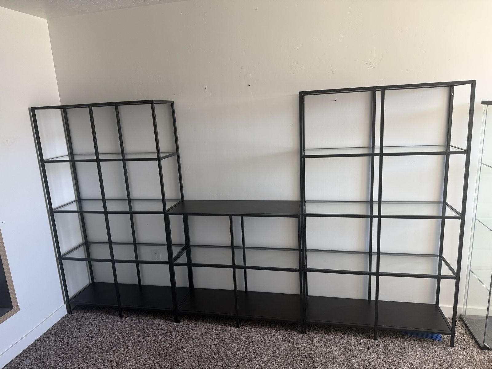 Modern Black Metal & Glass Display Shelving Unit - 3 Piece Set