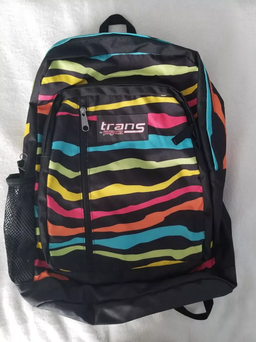 JanSport Trans"port" Large School Backpack Book Bag Black Multi Color Zebra Stripes