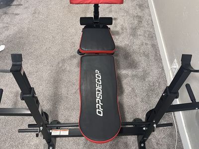 OPPSDECOR Adjustable Weight Bench with Squat Rack - Black/Red, All-in-One Home Gym