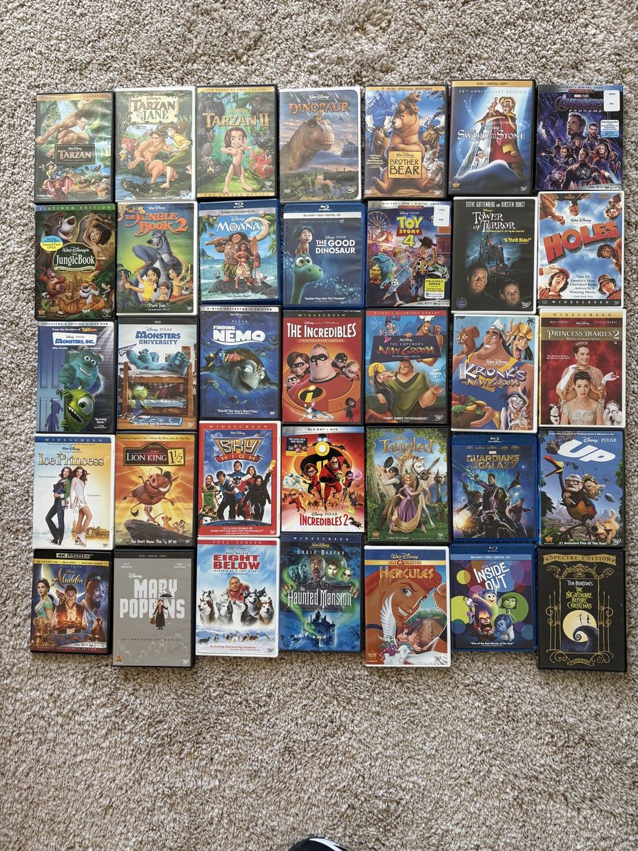 Disney DVD and BluRay Collection, Includes Nightmare Before Christmas, Hercules, The Emperor’s New Groove, Tangled, and Aladdin.
