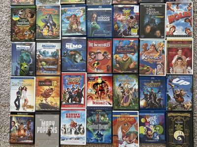 Disney DVD and BluRay Collection, Includes Nightmare Before Christmas, Hercules, The Emperor’s New Groove, Tangled, and Aladdin.