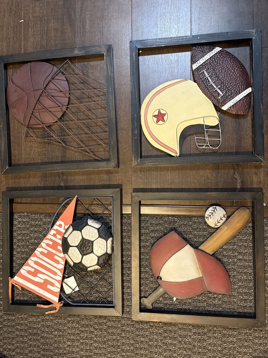 Set of 4 Framed Sports Wall Art Decor - Basketball, Football, Soccer, Baseball