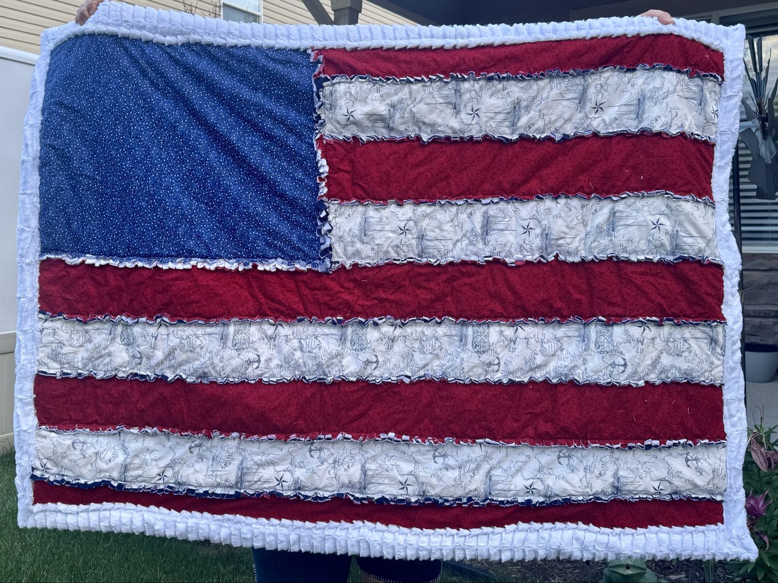 Handmade American Flag Nautical Rag Quilt - Red, White & Blue, Ruffled Edges