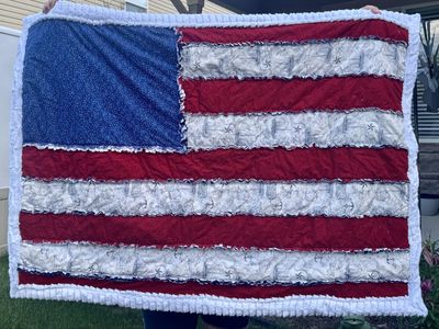 Handmade American Flag Nautical Rag Quilt - Red, White & Blue, Ruffled Edges
