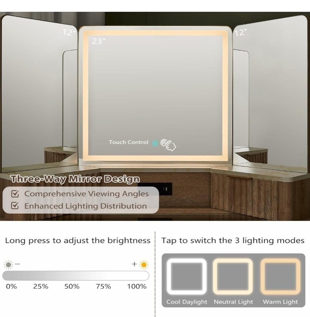 New Tri-Fold Vanity Mirror with LED Lights, Touch Control, and 3 Lighting Modes