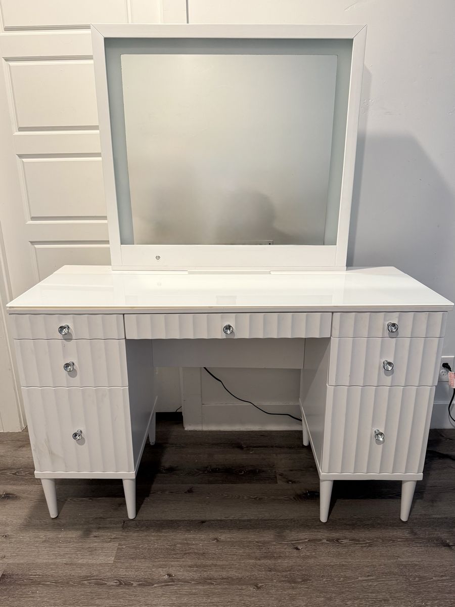 White Modern Vanity Desk with Glass Top and Touchscreen LED Mirror