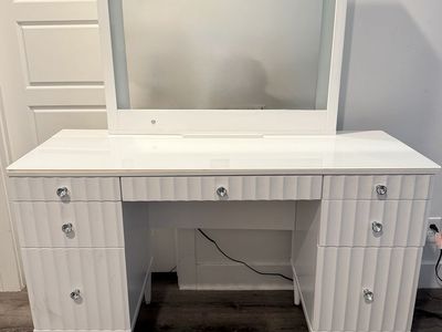White Modern Vanity Desk with Glass Top and Touchscreen LED Mirror