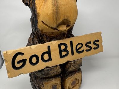 Rustic Wooden Bear “God Bless” Decor