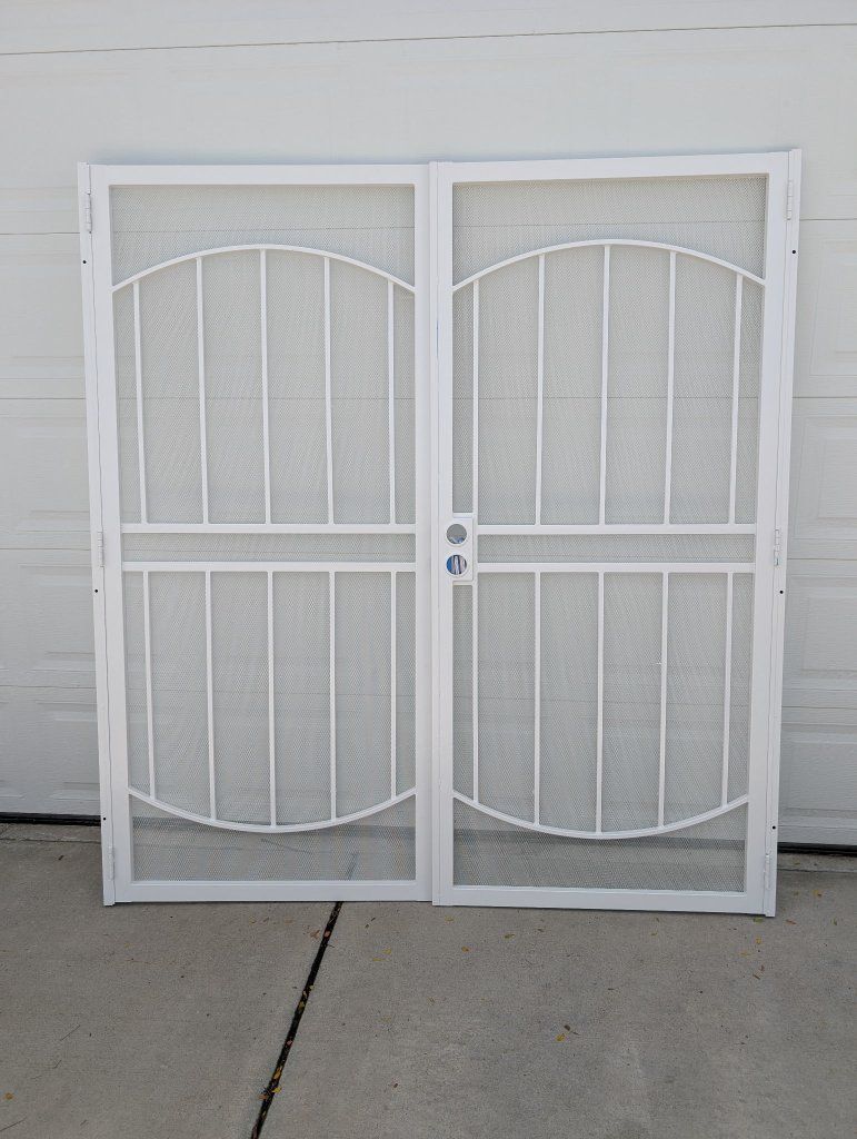 White Security Screen Doors with Decorative Grilles Double Set