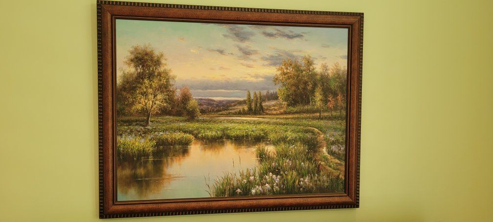 Large Framed Landscape Oil Painting, Serene Pond & Trees Artwork
