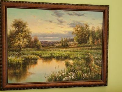 Large Framed Landscape Oil Painting, Serene Pond & Trees Artwork