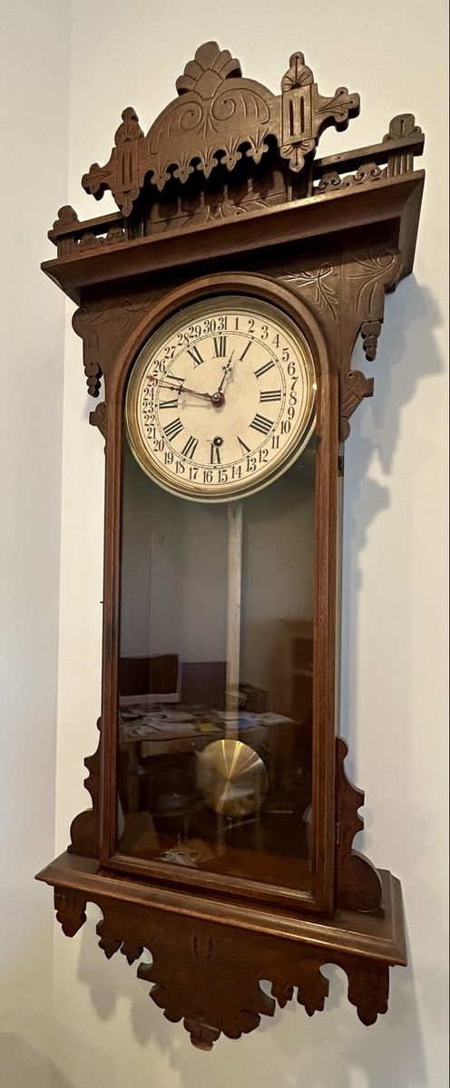 Antique early 1900’s calendar wall clock walnut