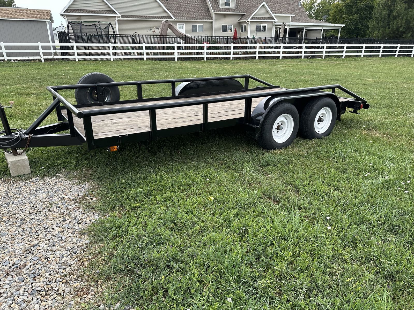 Dual Axle Utility Trailer Flatbed Trailer with Wood Deck and Spare Tire. 7’ x 16’