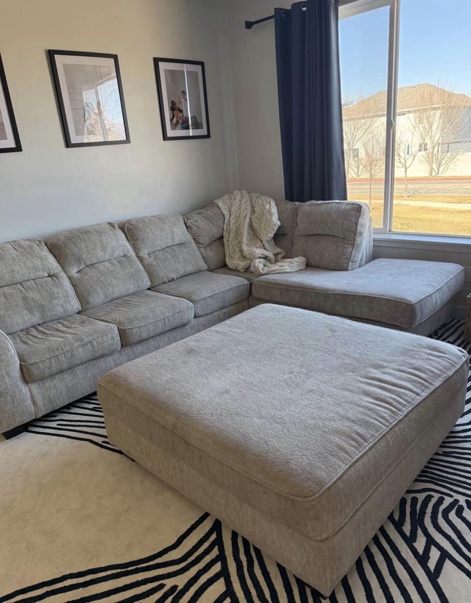 Large Gray/tan Fabric Sectional Sofa with Matching Ottoman