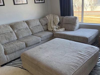 Large Gray/tan Fabric Sectional Sofa with Matching Ottoman
