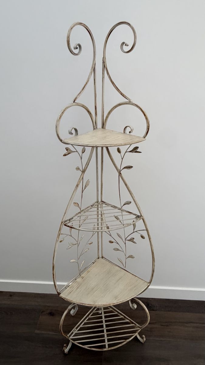 White Metal Corner Shelf Stand, 3-Tier Scrollwork & Leaf Design, Distressed Finish