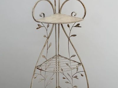 White Metal Corner Shelf Stand, 3-Tier Scrollwork & Leaf Design, Distressed Finish