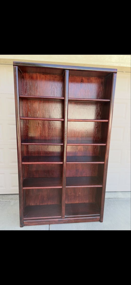 Tall Dark Cherry Wood Double Bookcase - Multi-Shelf Storage Unit