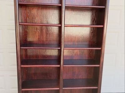 Tall Dark Cherry Wood Double Bookcase - Multi-Shelf Storage Unit