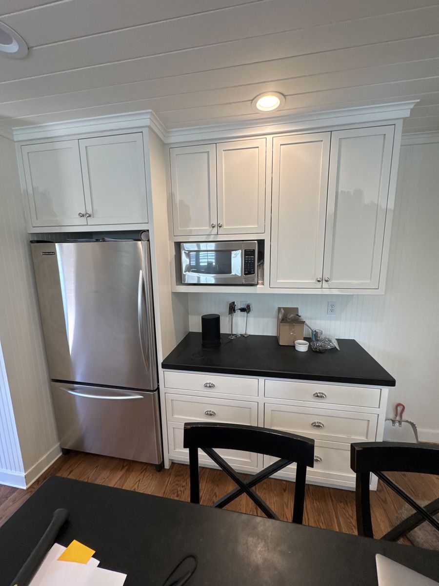 Used White Kitchen Cabinets with Drawers & Black Countertop - Approx. 12 Years Old