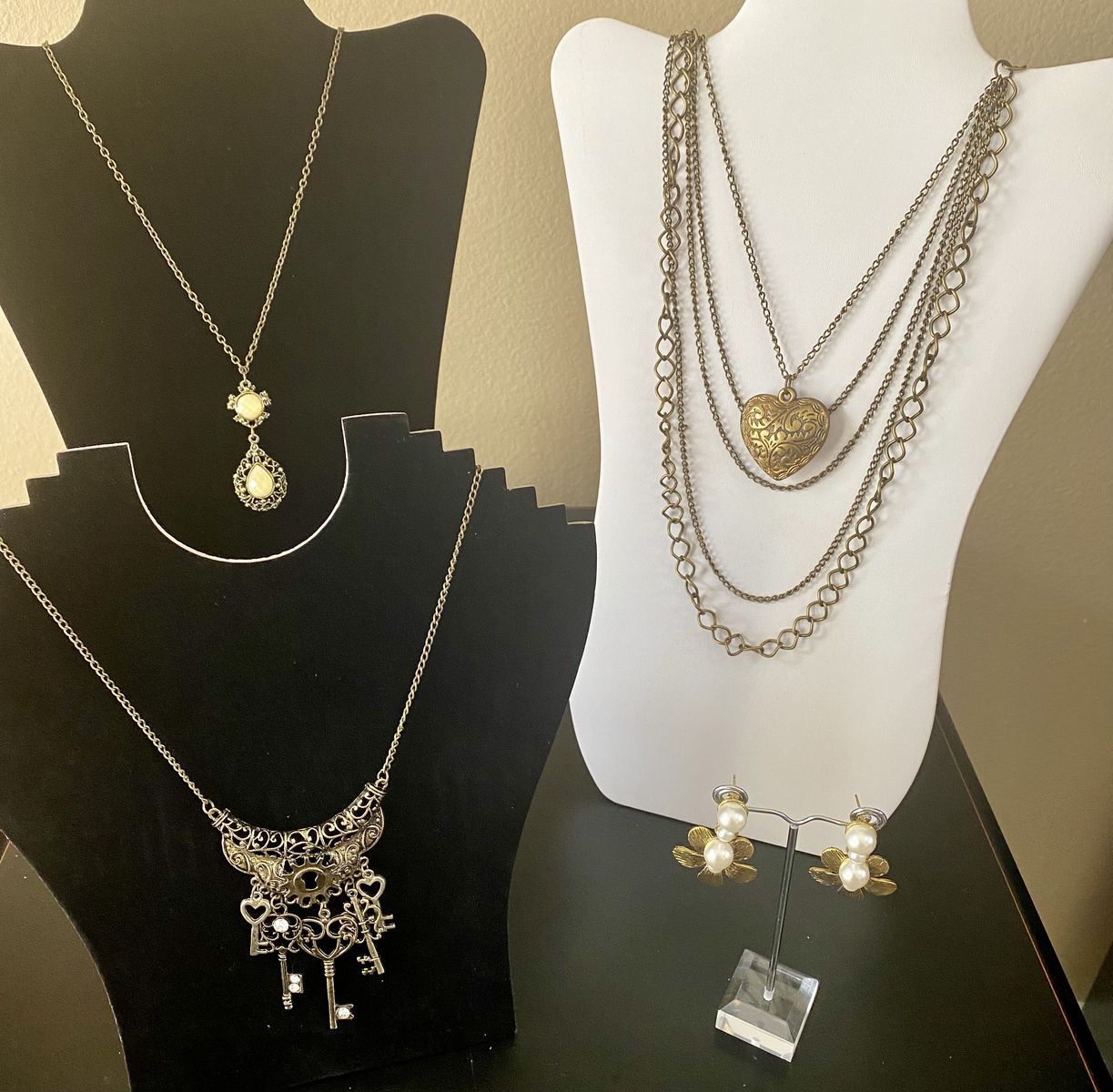 NEW! Vintage Style Mixed Metal Necklaces & Earrings - Keys Charm, Heart Multi-Strand, Faux Pearl, ETC - C PIX