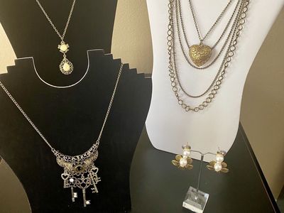 NEW! Vintage Style Mixed Metal Necklaces & Earrings - Keys Charm, Heart Multi-Strand, Faux Pearl, ETC - C PIX