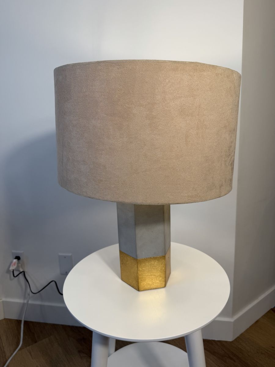 Modern Gray and Gold geometric table lamp, velvet shade 20” tall gray stone look