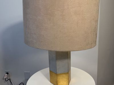 Modern Gray and Gold geometric table lamp, velvet shade 20” tall gray stone look