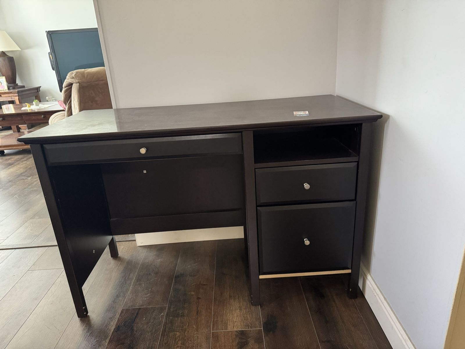 Dark Brown Wood Desk with 3 Drawers - Good Condition, 47-inch width