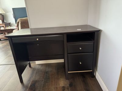 Dark Brown Wood Desk with 3 Drawers - Good Condition, 47-inch width